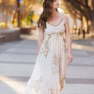 Resort Cream Gold Coral Print Strappy Empire Waist Maxi Dress Cottage Core Large